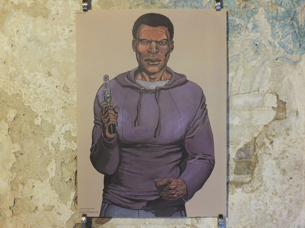 Original Vintage Cartoon Criminal Robber Poster Malik William Tai comic cartoon gun police target illustration 1992 print wall art 1990s