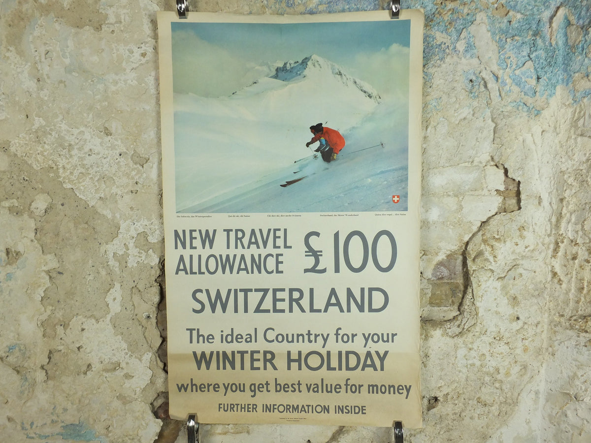 1950s Swiss Ski Travel Poster, Switzerland, Swiss National Tourist Office, Winter Holiday, travel tourism skiing vacation, wall art decor
