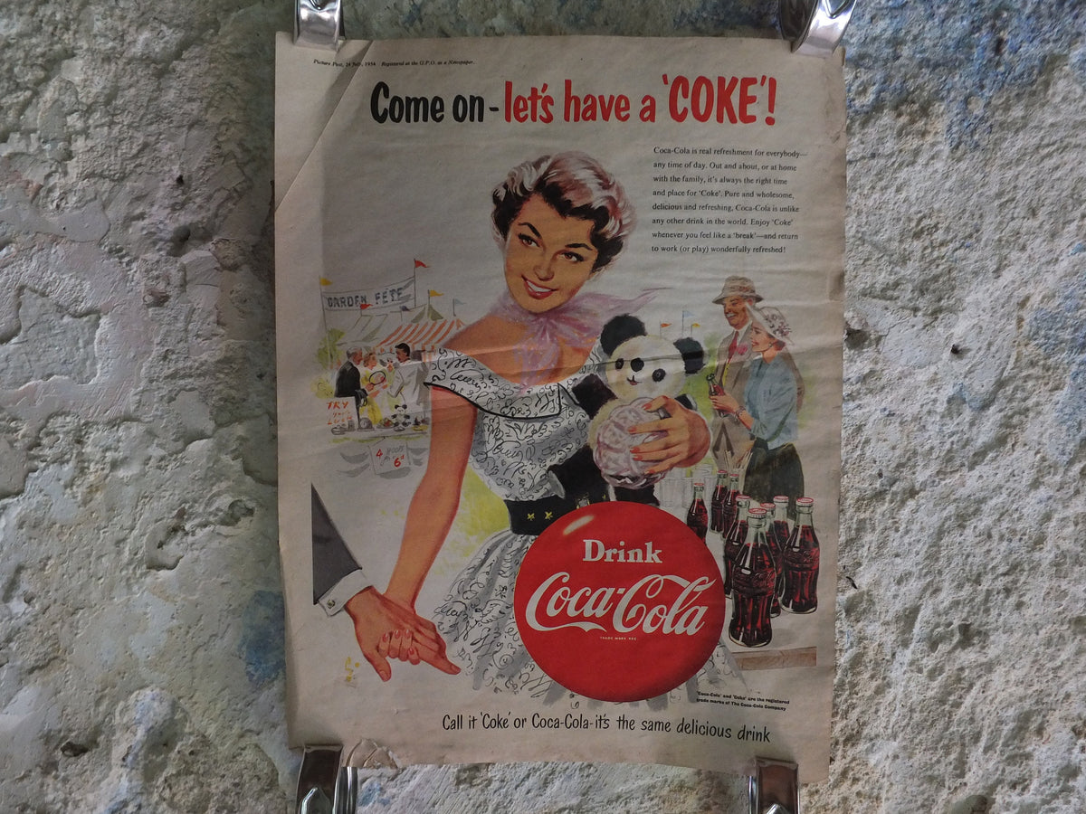 Original Vintage Cocacola Coke Poster Advertising Coca Cola beverage soda pop Coca-Cola carbonated fizzy bottle print wall art retro 1950s