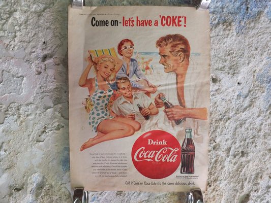 Original Vintage Cocacola Coke Poster Advertising Coca Cola beverage soda pop Coca-Cola carbonated fizzy bottle print wall art retro 1950s