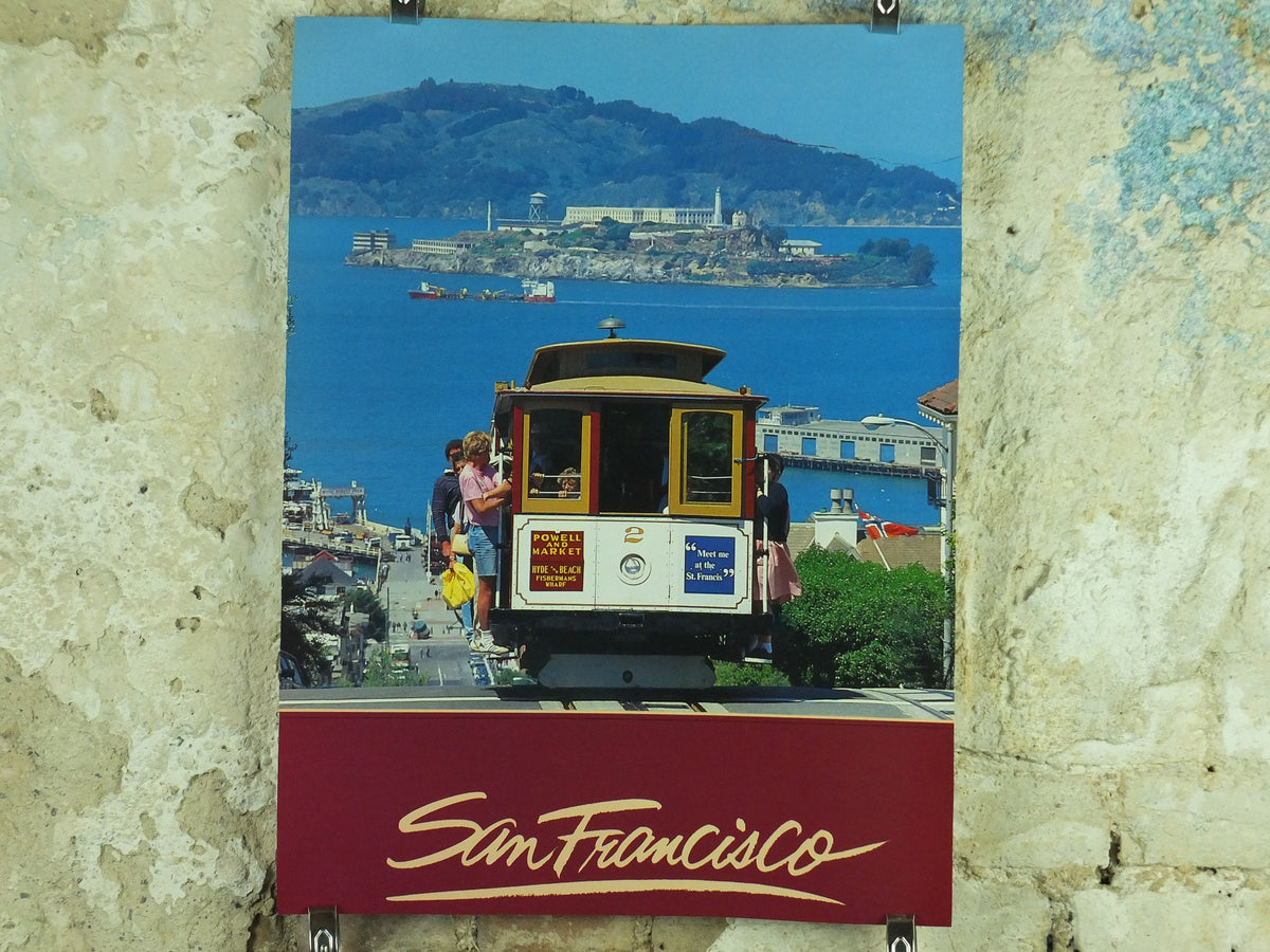 Vintage San Francisco Travel Poster, Alcatraz, Tram, Harbour, San Francisco Bay, Golden State, travel and tourism tourist wall art 1980s