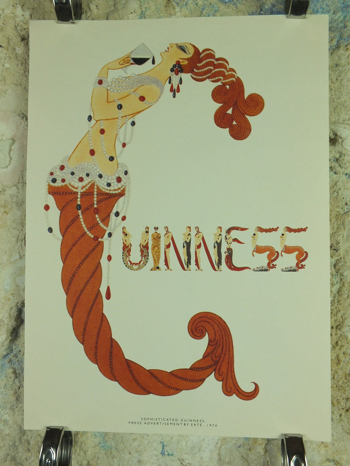Sophisticated Guinness Poster, by Erte 1974, Opulant Mermaids and Greek Freizes, Advertising campaign Wall art retro 1990s