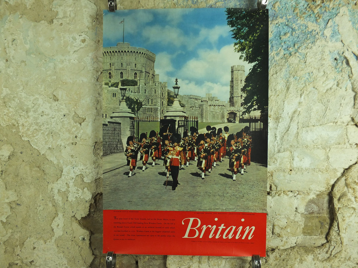 Original Vintage British Windsor Castle Travel Poster Britain Scots guards bagpipes hill round tower travel tourism holiday wall art 1950s