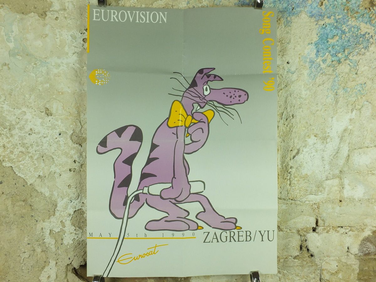 Original Eurovision Poster, 1990 European Song Contest, Zagreb/Yu, Eurocat '90, musical wall art