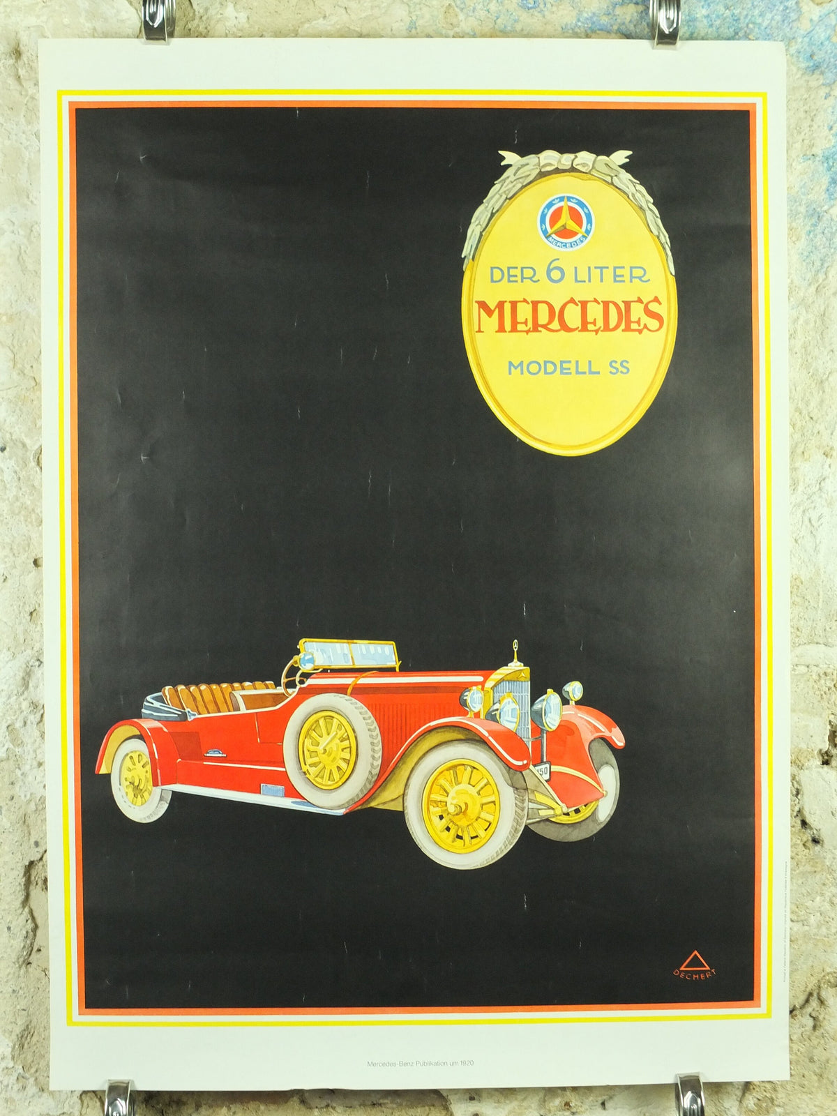 Vintage German Mercedes Benz Poster, 6 Litre Mercedes Model SS, art deco nouveau, Advertising print wall art 1980s