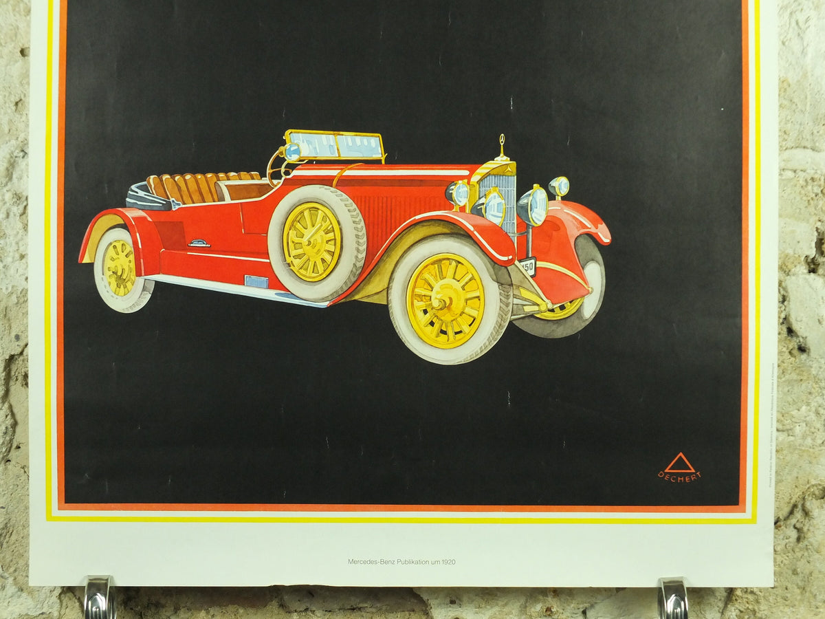 Vintage German Mercedes Benz Poster, 6 Litre Mercedes Model SS, art deco nouveau, Advertising print wall art 1980s