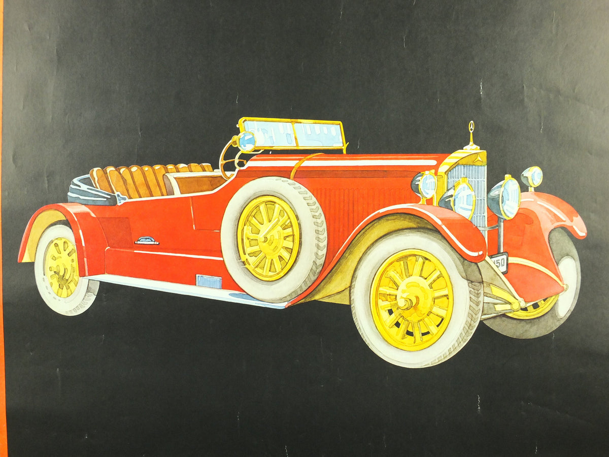 Vintage German Mercedes Benz Poster, 6 Litre Mercedes Model SS, art deco nouveau, Advertising print wall art 1980s