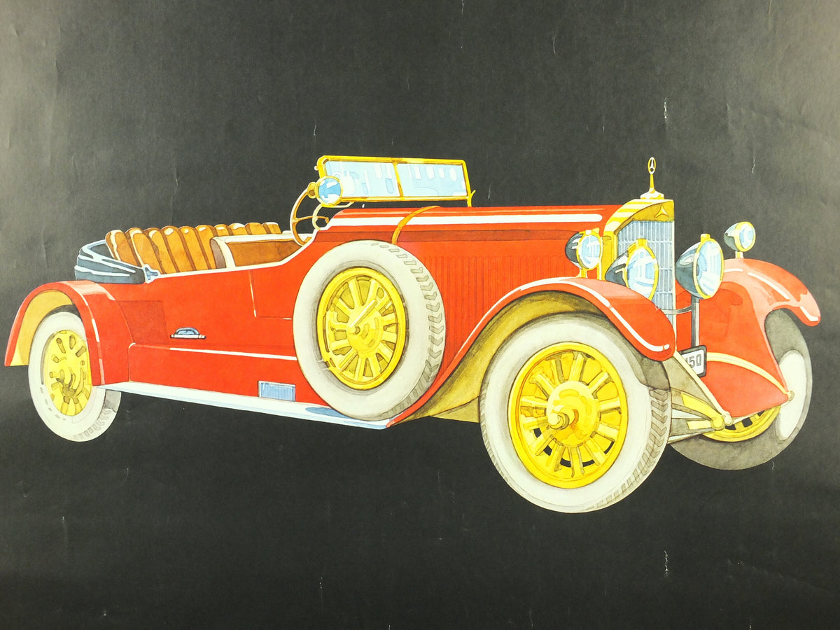 Vintage German Mercedes Benz Poster, 6 Litre Mercedes Model SS, art deco nouveau, Advertising print wall art 1980s