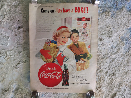 Original Vintage Cocacola Coke Poster Advertising Coca Cola beverage soda pop Coca-Cola carbonated fizzy bottle print wall art retro 1950s