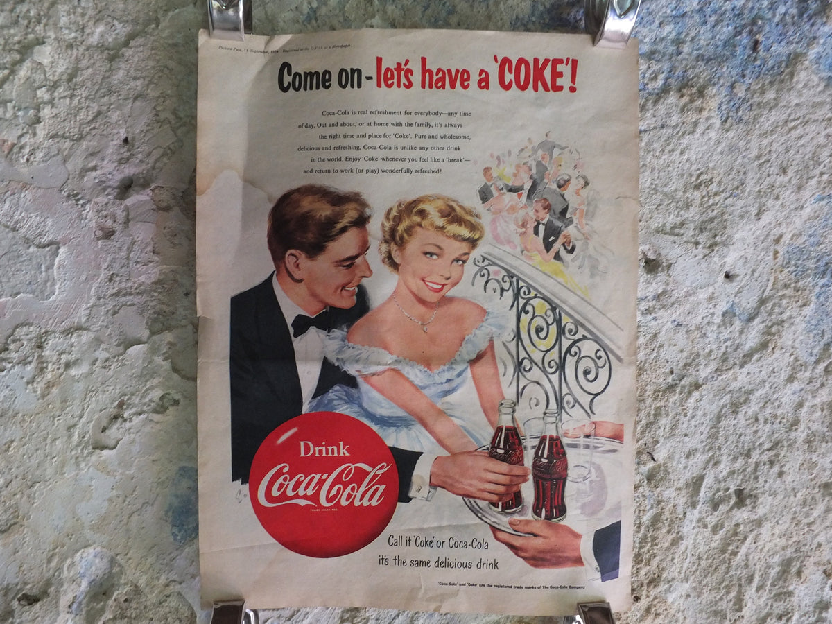 Original Vintage Cocacola Coke Poster Advertising Coca Cola beverage soda pop Coca-Cola carbonated fizzy bottle print wall art retro 1950s