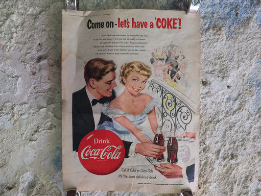 Original Vintage Cocacola Coke Poster Advertising Coca Cola beverage soda pop Coca-Cola carbonated fizzy bottle print wall art retro 1950s
