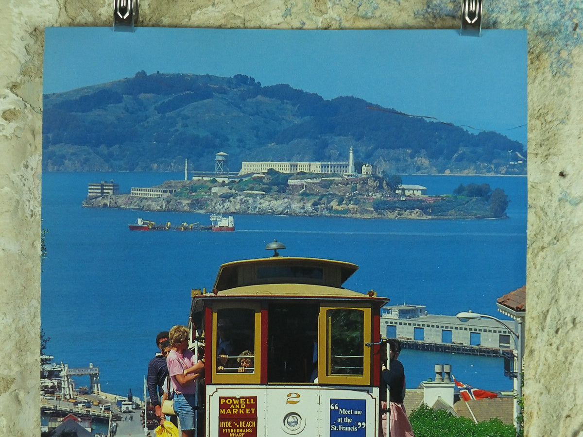 Vintage San Francisco Travel Poster, Alcatraz, Tram, Harbour, San Francisco Bay, Golden State, travel and tourism tourist wall art 1980s