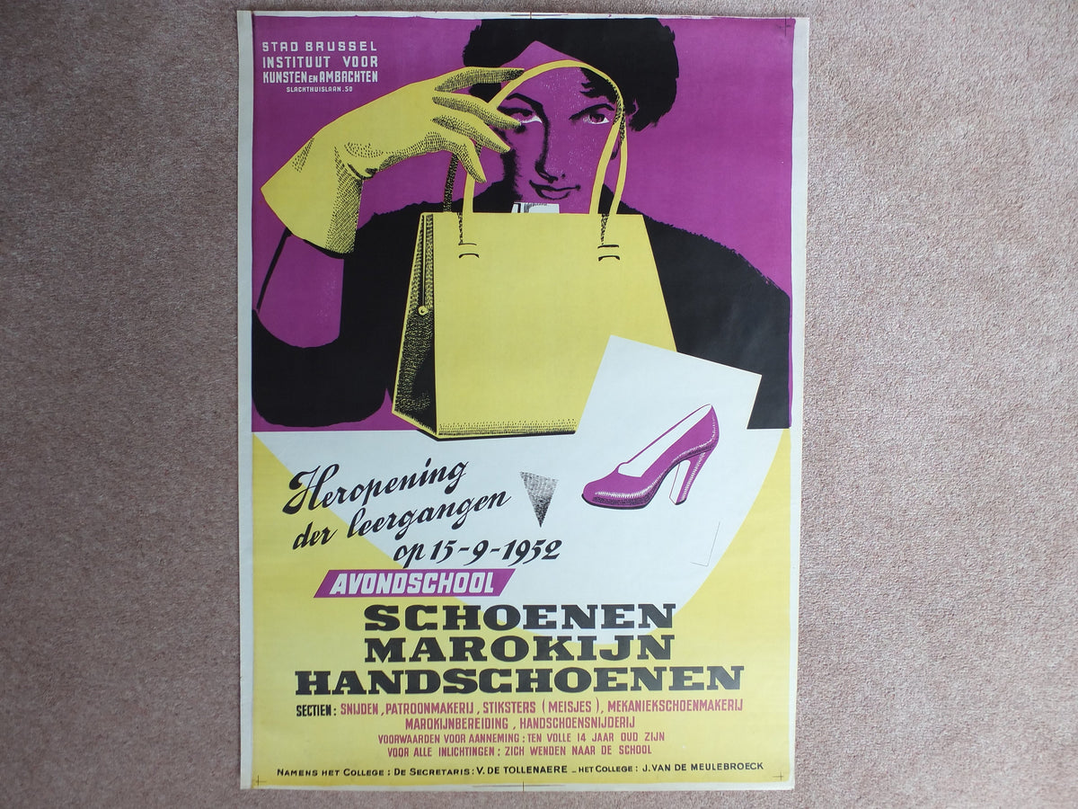 Vintage Handbag and Heels Poster, Brussels Institute of Arts and Crafts, gloves high heel shoes fashion Belgium wall art retro 1950s 1952