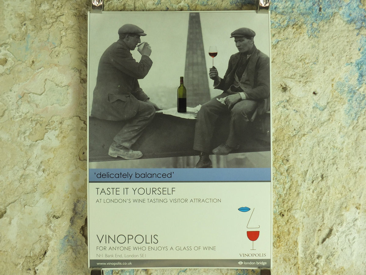 Original Vintage Vinopolis Wine Poster construction builders tasting Bank End London Bridge SE1 Winery Viticulture print wall art 1990s