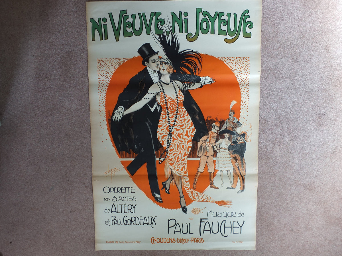 Original Vintage French poster Ni Veuve Ni Joyeuse theatre opera advertising art deco nouveau print Clerise wall art retro 1910s 1919