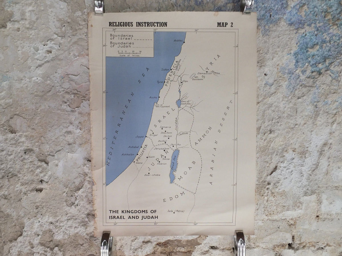 Original Vintage British Educational Geography Map Kingdoms of Judah and Israel in biblical times historical Poster print wall art 1950s