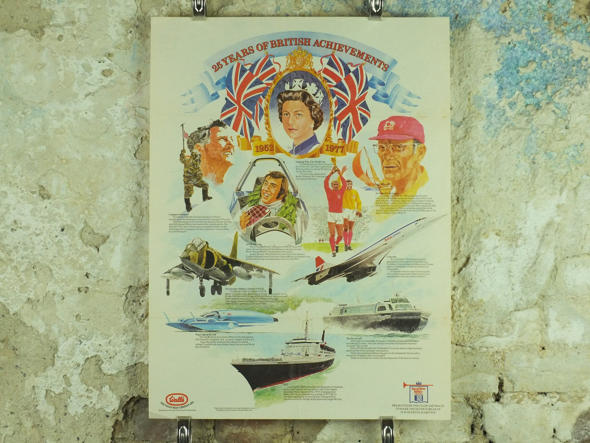 1978 Vintage British Silver Jubilee Poster, 1952-1978, 25 years of Achievement, spitfire sports concorde Advertising print wall art 1970s