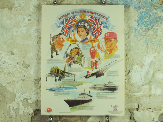 1978 Vintage British Silver Jubilee Poster, 1952-1978, 25 years of Achievement, spitfire sports concorde Advertising print wall art 1970s