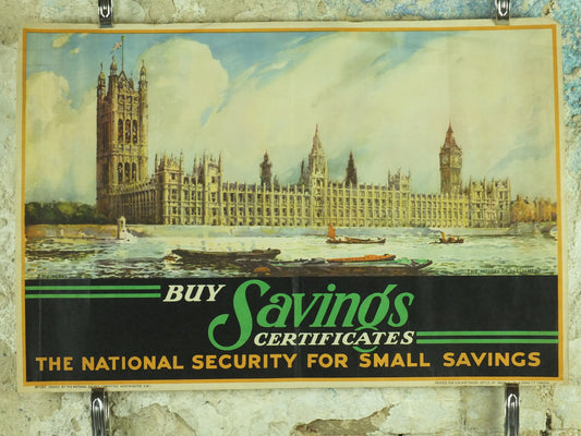 1950 Vintage Parliament Poster, Buy Savings Certificates, Houses of Parliament, London, art by S T C Weeks, original print, wall art, retro