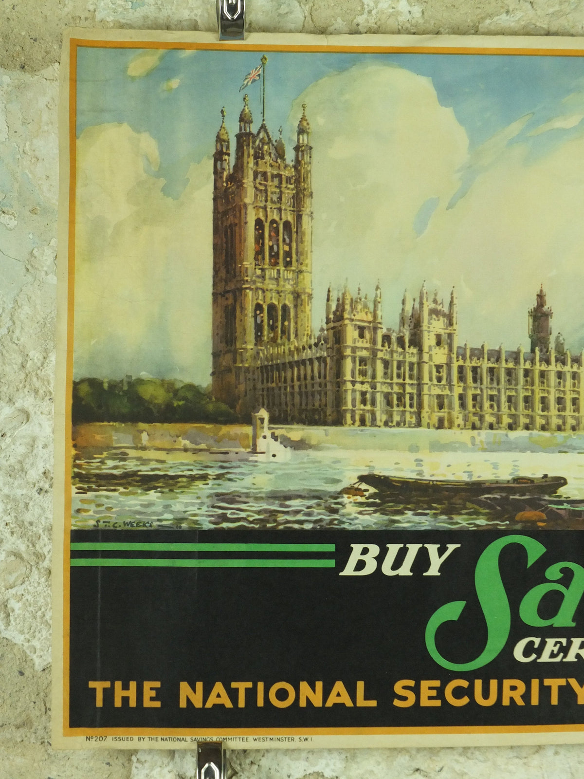1950 Vintage Parliament Poster, Buy Savings Certificates, Houses of Parliament, London, art by S T C Weeks, original print, wall art, retro
