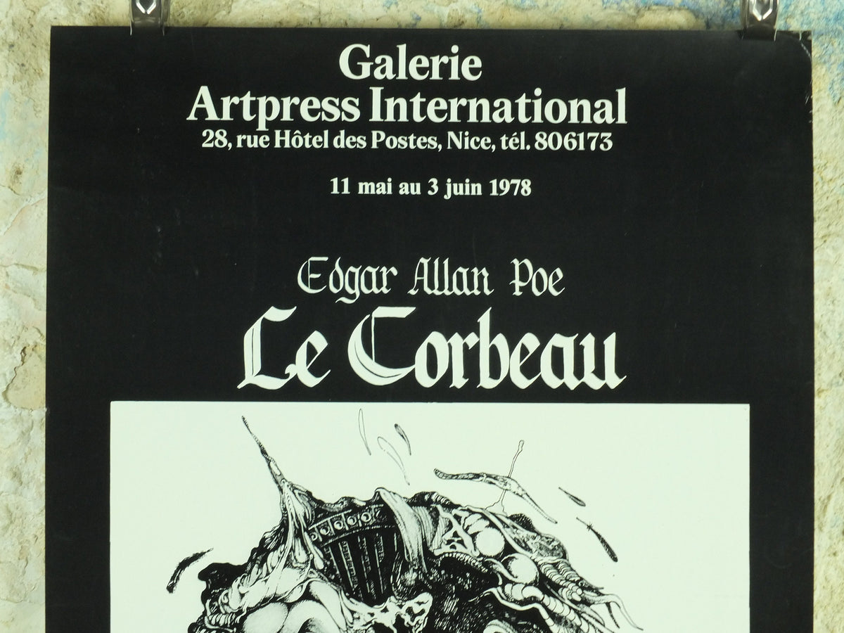 1978 Edgar Allan Poe, The Raven Exhibition Poster, by Pierre Spalaikovitch, dark gothic, artist gallery exhibition wall art 1970s