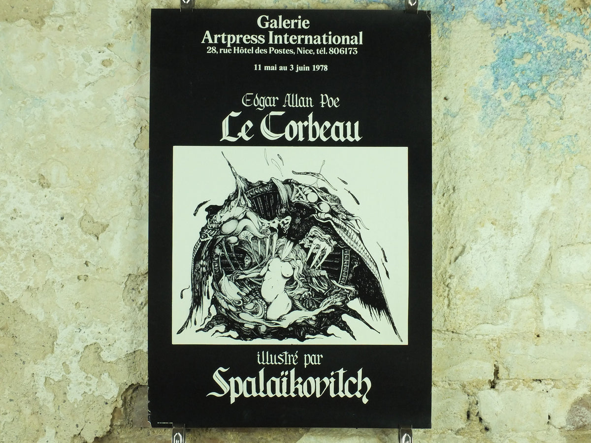 1978 Edgar Allan Poe, The Raven Exhibition Poster, by Pierre Spalaikovitch, dark gothic, artist gallery exhibition wall art 1970s