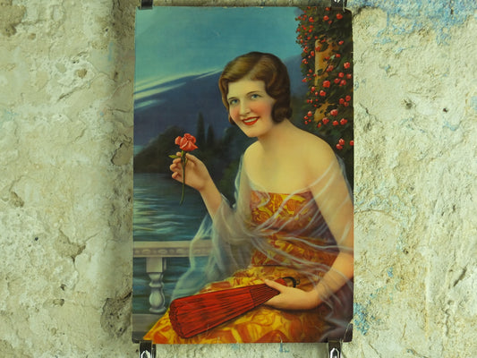 Original Vintage Colourful Art Deco “Fan and Roses” Print lake wall art 1920s / 1930s