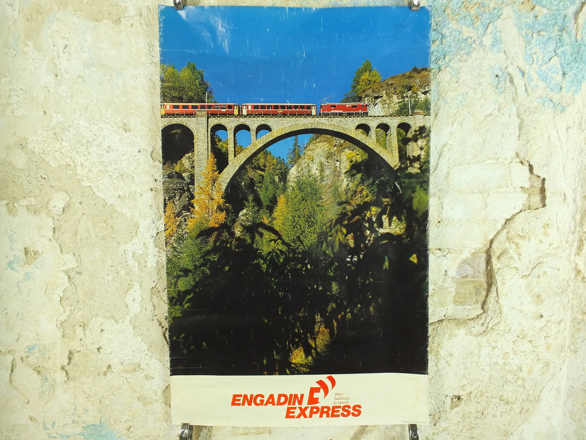 Original Vintage Swiss Engadin St Moritz Rail Poster Wein Salzburg Schweiz Suisse Switzerland train travel tourism tourist wall art 1980s