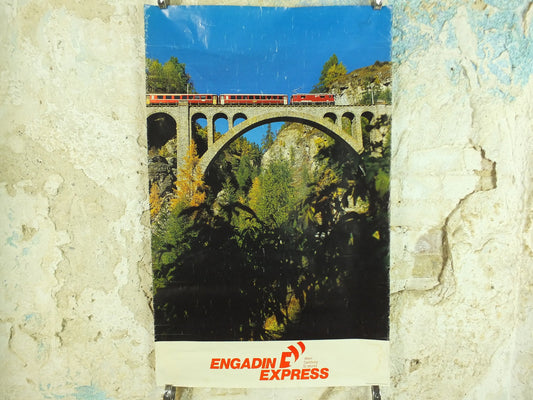 Original Vintage Swiss Engadin St Moritz Rail Poster Wein Salzburg Schweiz Suisse Switzerland train travel tourism tourist wall art 1980s