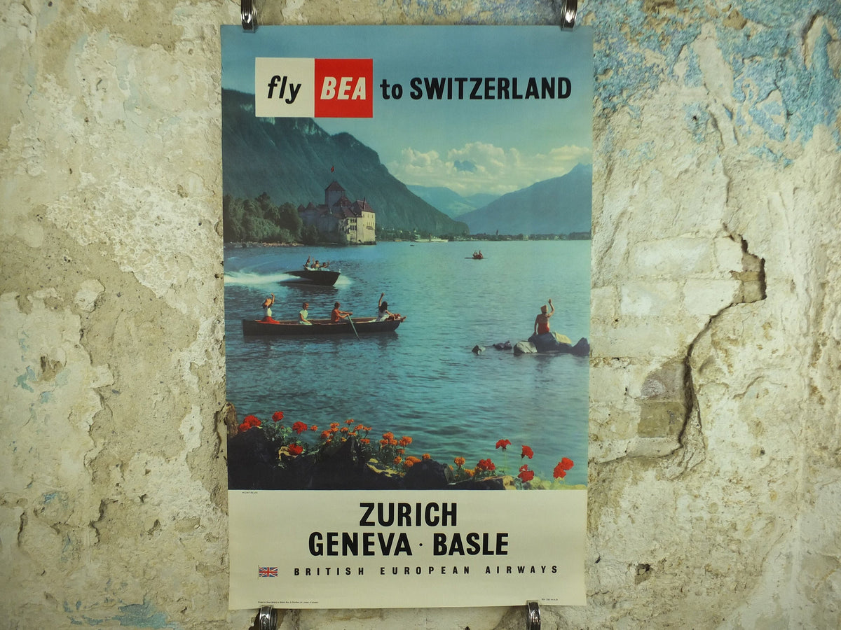 1958 Vintage BEA Switzerland Poster, Zurich Geneva Basle, British European Airlines, Montreux, travel tourism holiday vacation wall art