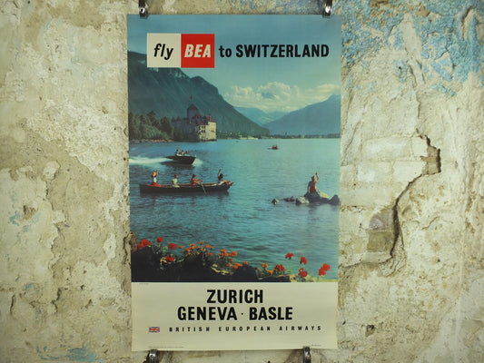1958 Vintage BEA Switzerland Poster, Zurich Geneva Basle, British European Airlines, Montreux, travel tourism holiday vacation wall art