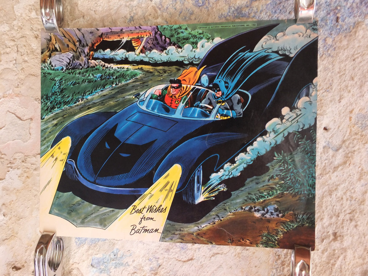 Original Vintage Comic DC Batman and Robin Batmobile Batcave hero superhero Carmine Infantino Adam West cartoon print wall art 1966 1960s