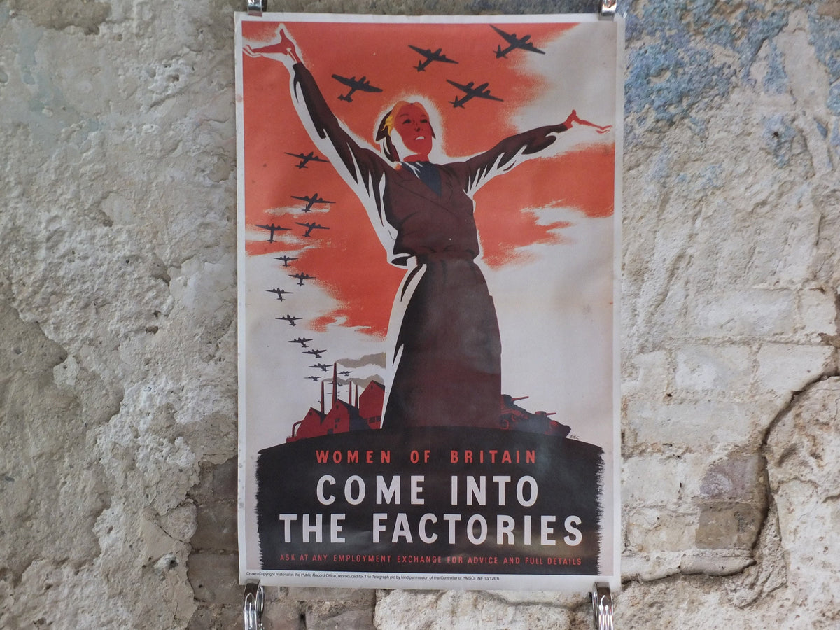 Vintage British WW2 Women of Britain Come into the Factories Propaganda Poster Telegraph bombers reprint print wall art 1980s