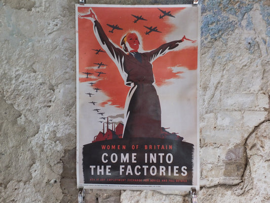 Vintage British WW2 Women of Britain Come into the Factories Propaganda Poster Telegraph bombers reprint print wall art 1980s