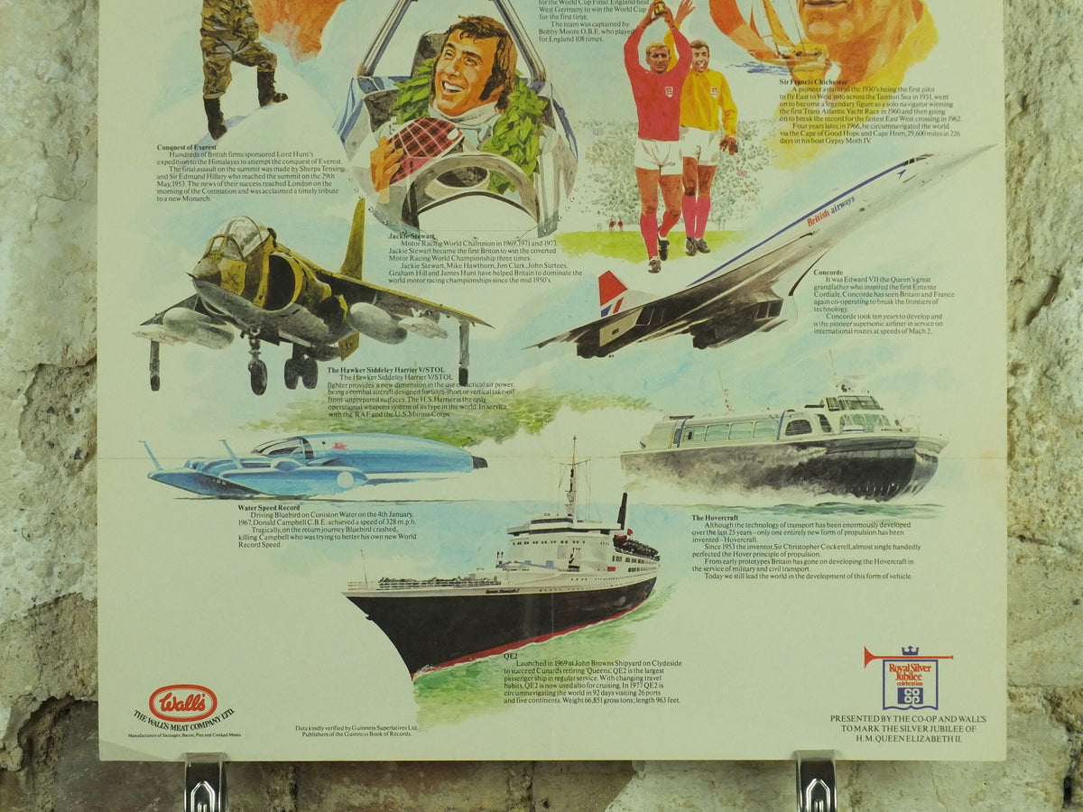 1978 Vintage British Silver Jubilee Poster, 1952-1978, 25 years of Achievement, spitfire sports concorde Advertising print wall art 1970s