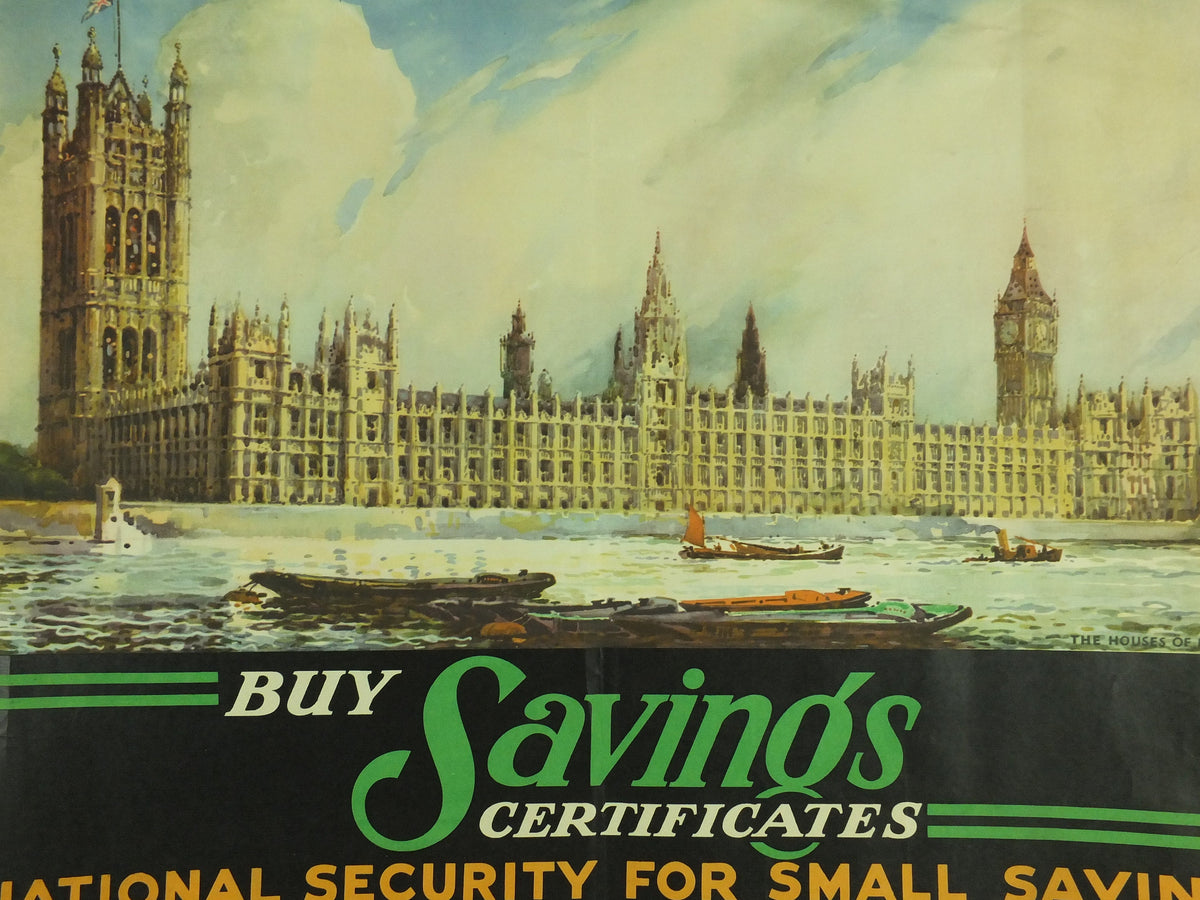 1950 Vintage Parliament Poster, Buy Savings Certificates, Houses of Parliament, London, art by S T C Weeks, original print, wall art, retro