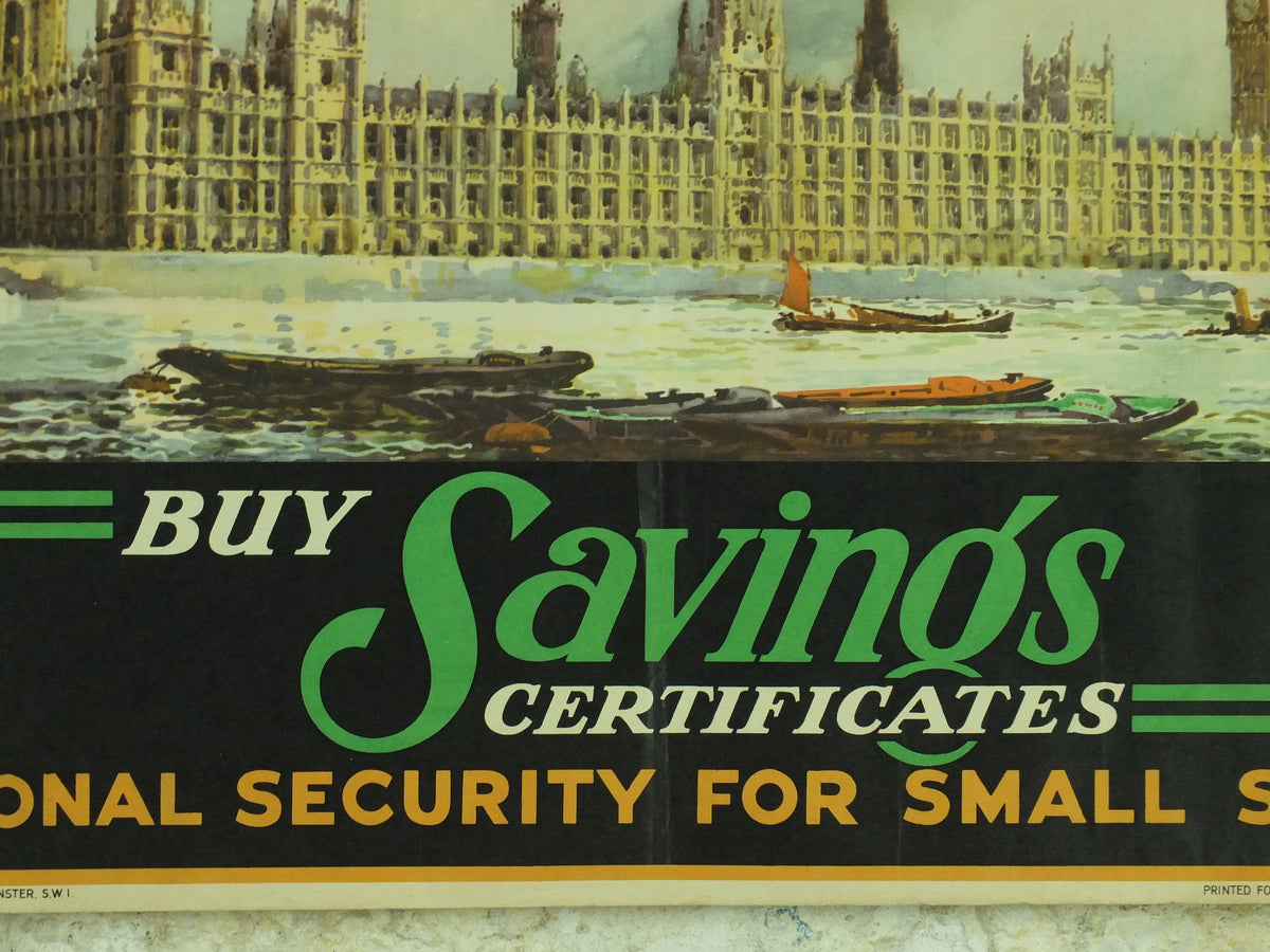 1950 Vintage Parliament Poster, Buy Savings Certificates, Houses of Parliament, London, art by S T C Weeks, original print, wall art, retro