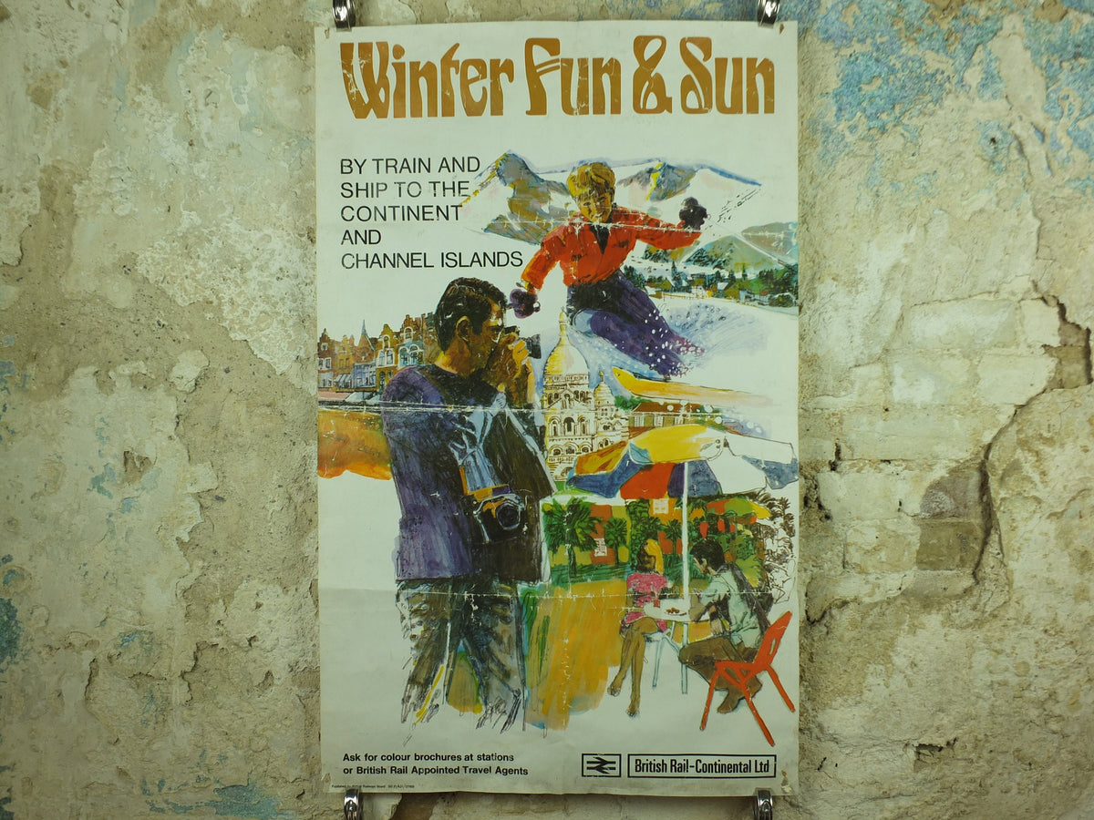 Vintage 1970s British Rail Ski Poster, Winter Fun & Sun, travel tourism skiing, wall art