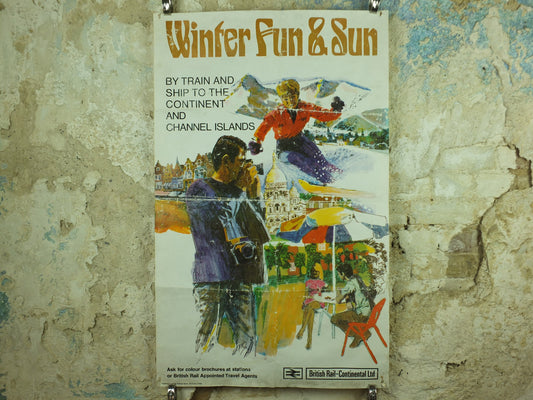Vintage 1970s British Rail Ski Poster, Winter Fun & Sun, travel tourism skiing, wall art