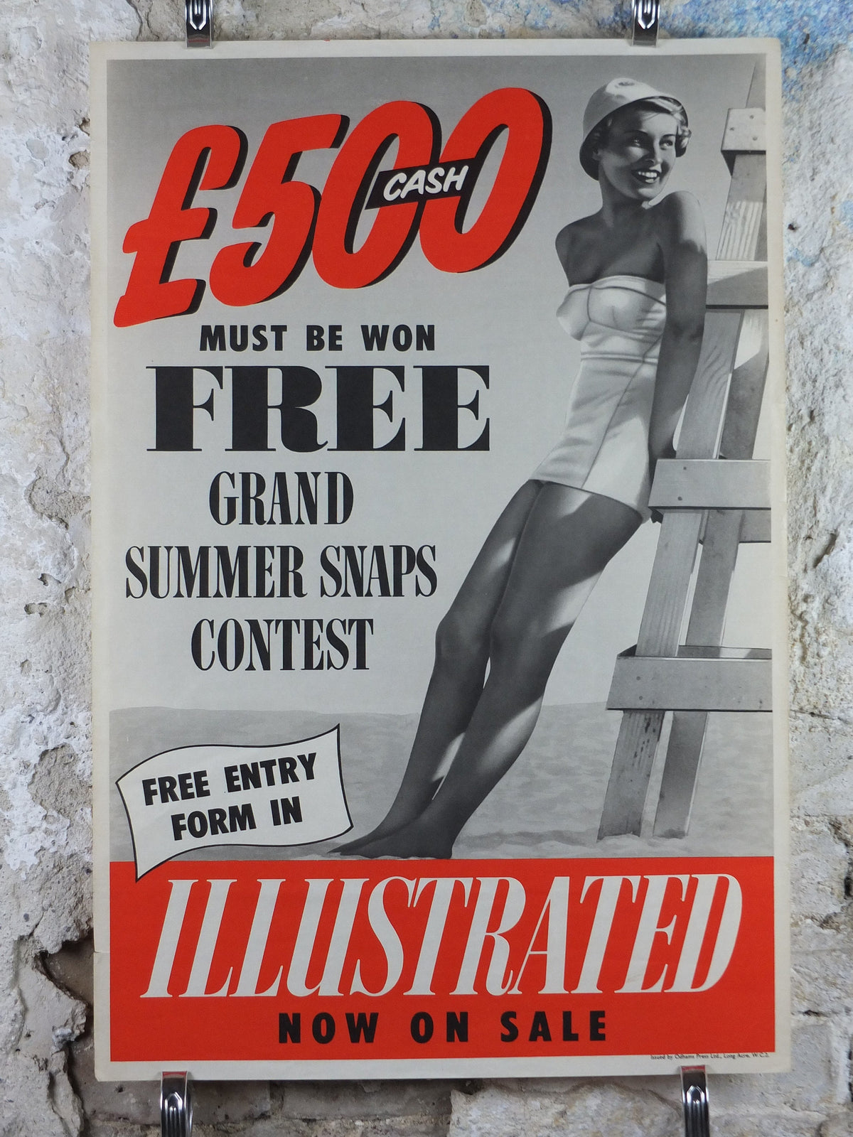 1950s Illustrated Newsagent Poster, Woman in Swimsuit, lifeguard tower at the beach, summer snaps, magazine media print wall art retro