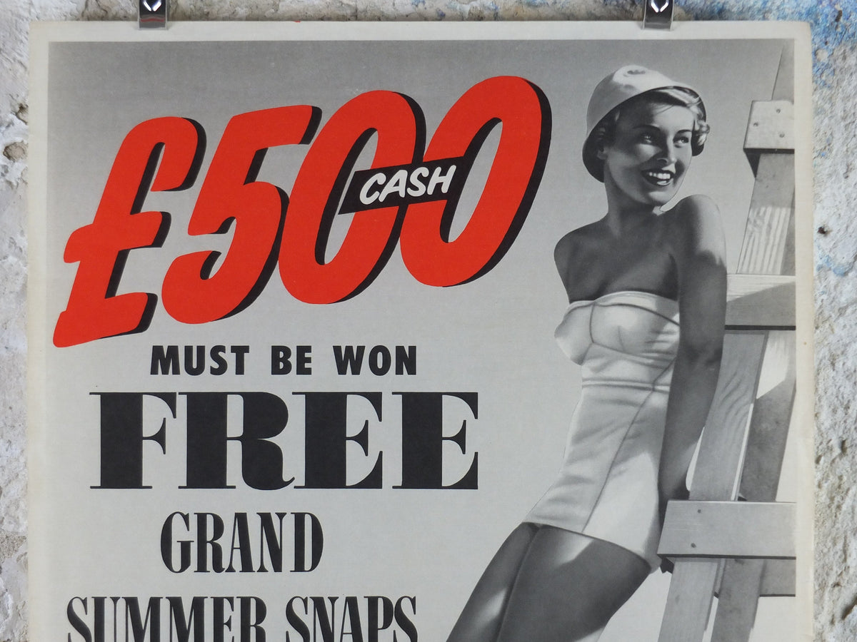 1950s Illustrated Newsagent Poster, Woman in Swimsuit, lifeguard tower at the beach, summer snaps, magazine media print wall art retro
