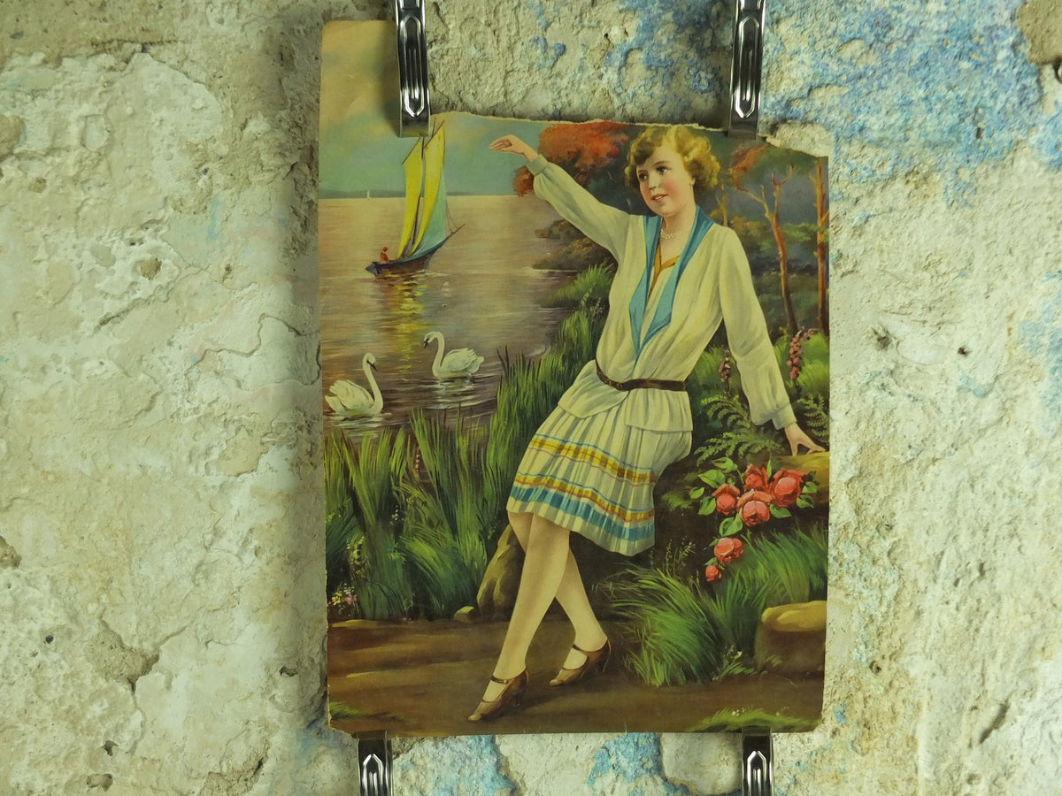 Damaged Original Vintage Colourful Art Deco pin up Girl with Swans Print wall art 1920s / 1930s