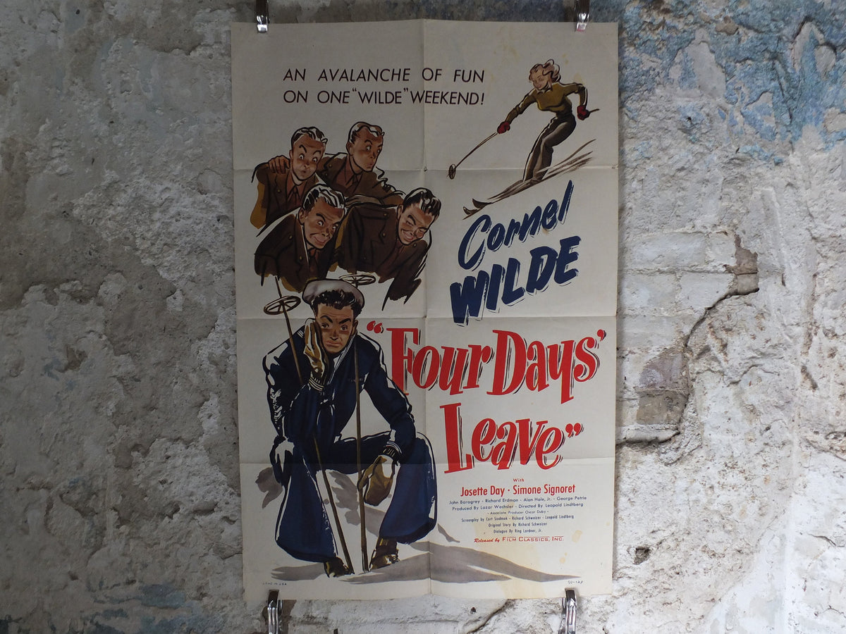 Original Vintage Movie Poster Four 4 Days Leave 1950 1950s wall art Cornel Wilde skiing ski alps sailor US one sheet cinema film memorabilia