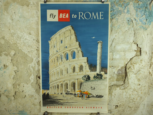 Original Vintage BEA Rome Poster Colleseum Italy British European Airlines Hugh Casson travel tourism holiday vacation wall art 1950s