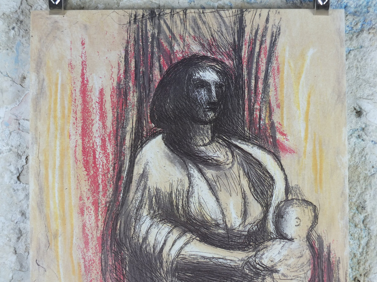 1986 Henry Moore Poster, Mother and Child, amazing condition, bronze sculpture, modernism, gallery exhibition wall art 1980s