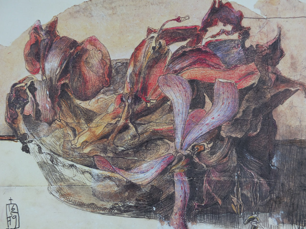 1981 Horst Janssen Poster, Dried Lillies, amazing condition, lithography and print making, gallery exhibition wall art 1980s
