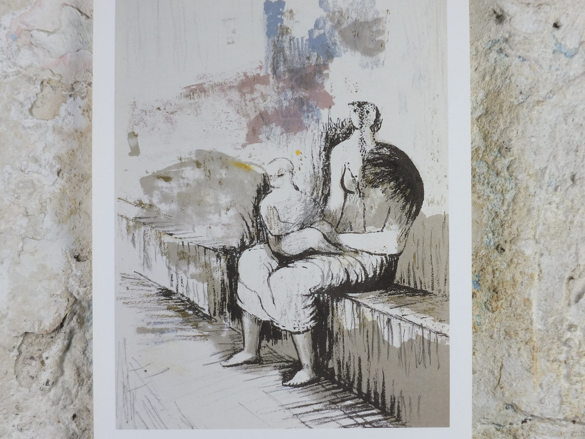 1987 Henry Moore Poster, Mother and Child, bronze sculpture, modernism, gallery exhibition wall art 1980s