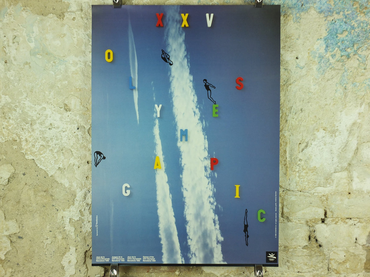 Vintage Barcelona Olympic Poster, Diving and Aquatics by America Sanchez, 1992, XXV Olympiad, post modern, sport wall art 1990s