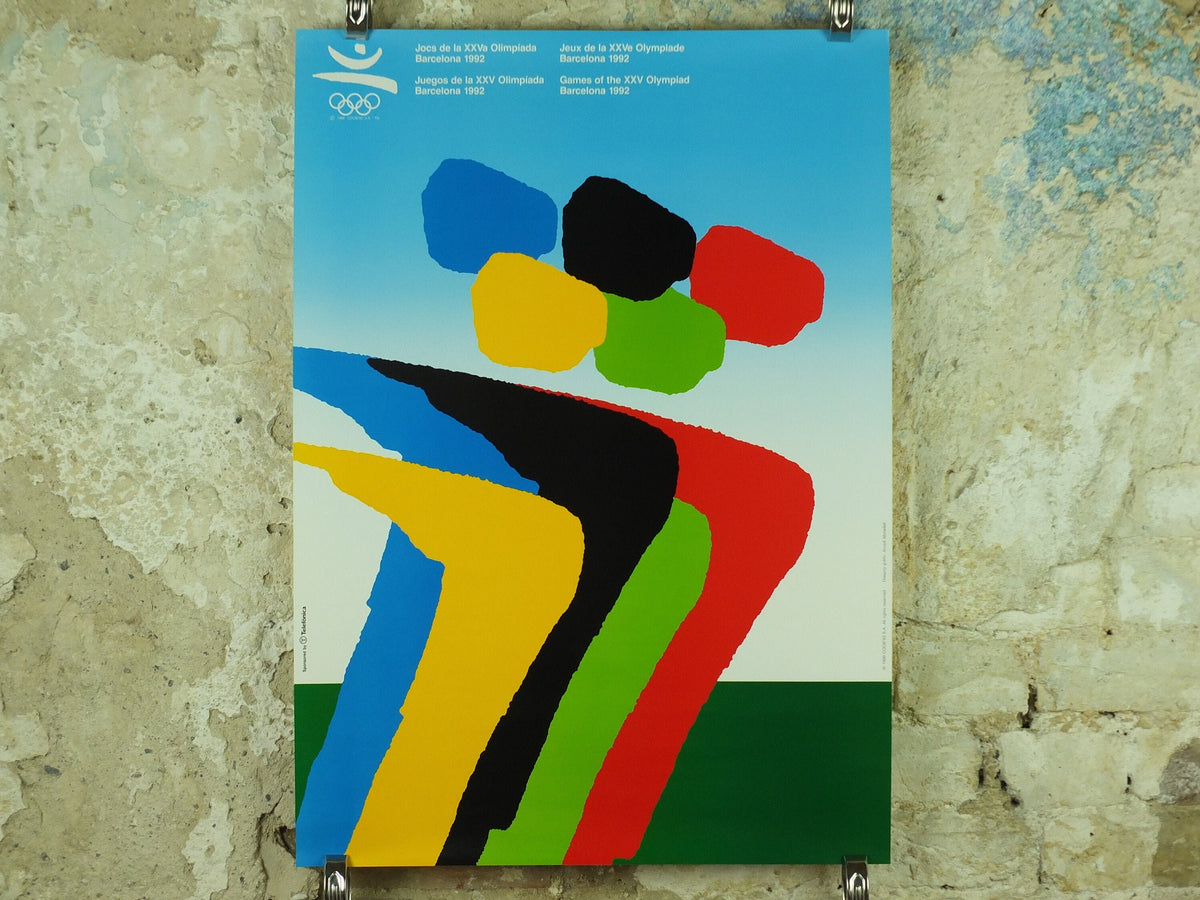 Vintage Barcelona Olympic Poster, Olympic Rings and Athletes by Arcadi Moradell, 1992, XXV Olympiad, post modern, sport wall art 1990s