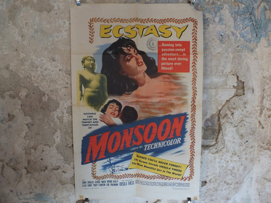 Original Vintage Movie Poster Monsoon 1952 1950s wall art Temptress Ecstasy passion dark beauty Ursula US one sheet cinema film memorabilia